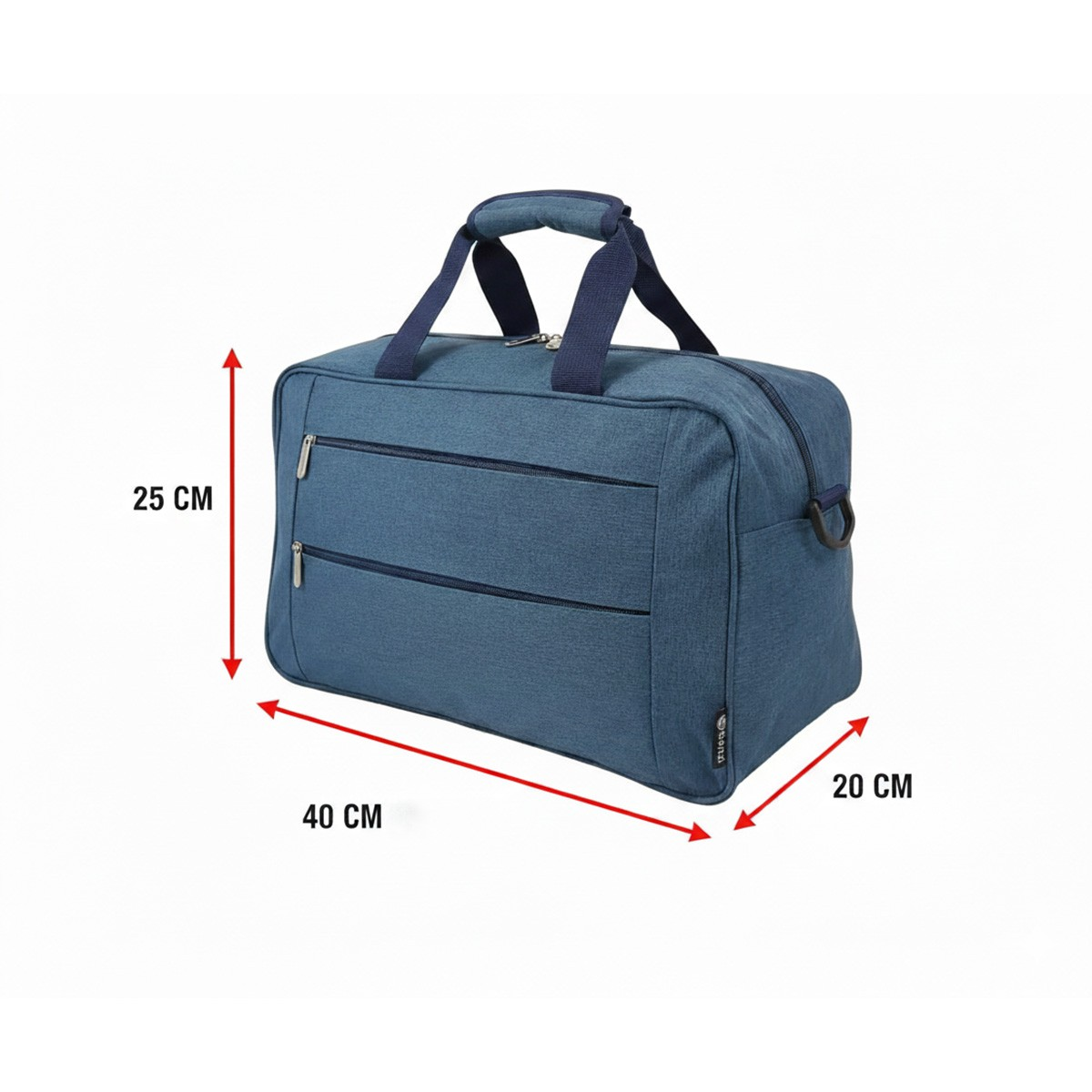 Bolsa de lona azul con asas, dimensiones 40x25x20cm.