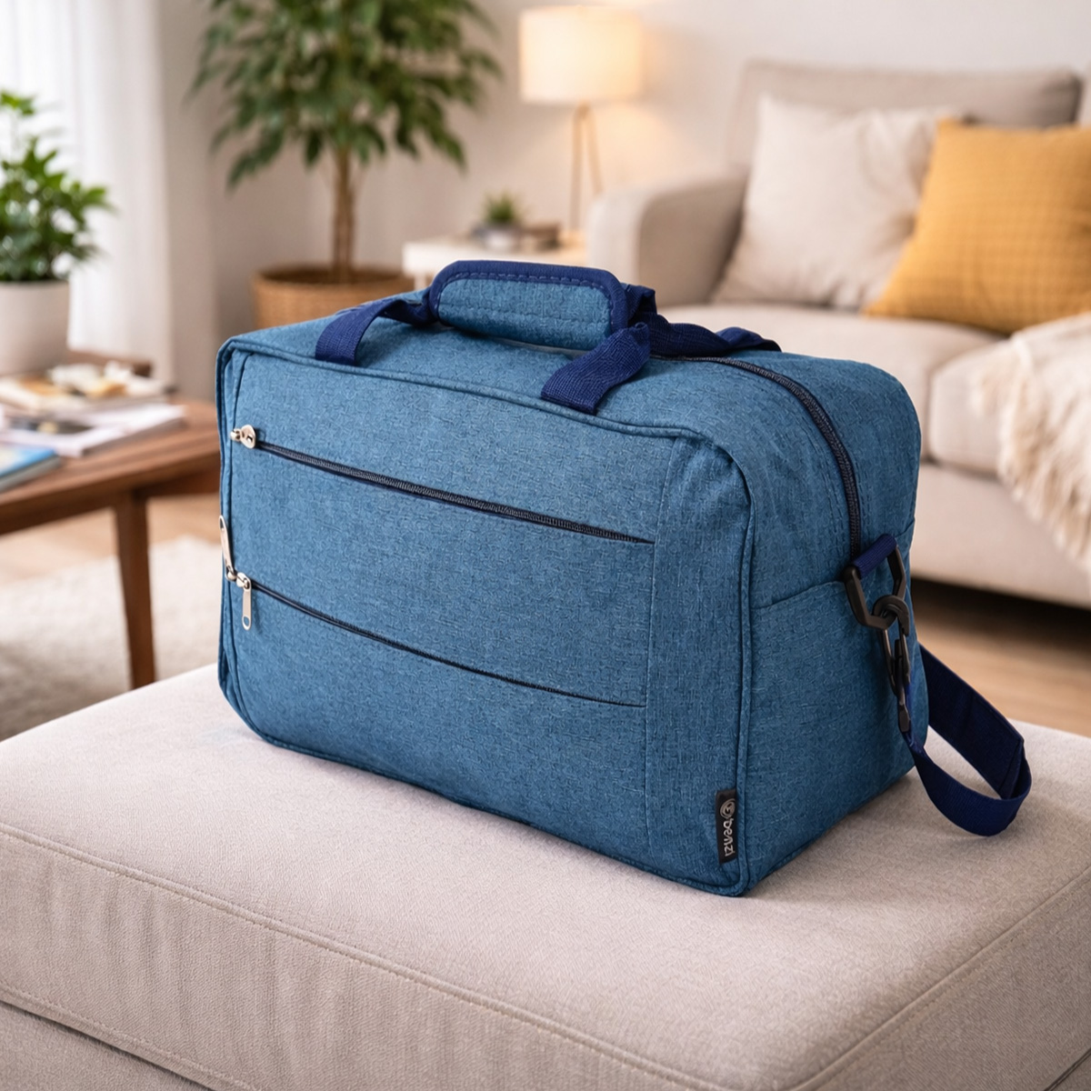 Una bolsa de viaje azul con cremalleras descansa sobre un puf.
