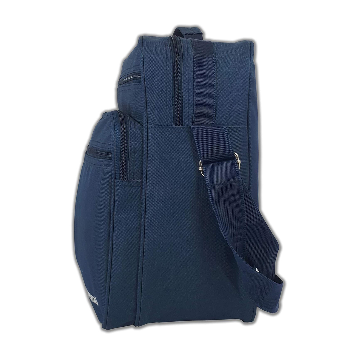 Una bandolera azul oscuro con múltiples bolsillos con cremallera y correa ajustable.