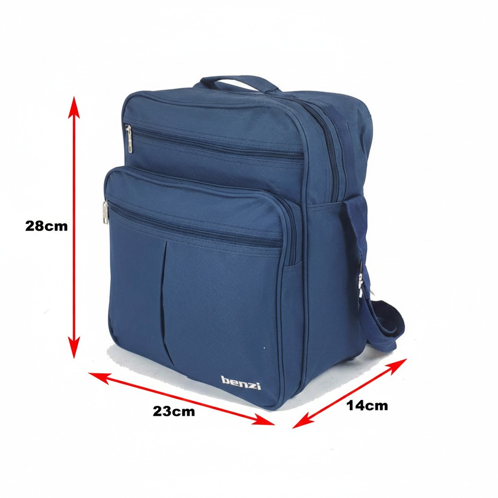 Bolso de mensajero azul oscuro con múltiples bolsillos con cremallera y dimensiones.
