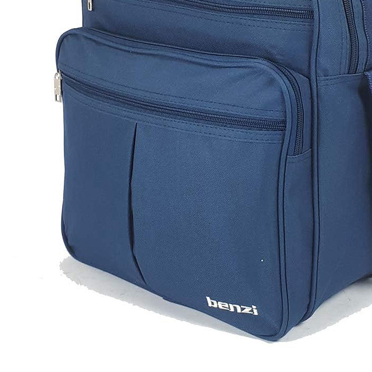 Una bolsa azul con bolsillos con cremallera y el logo de la marca.