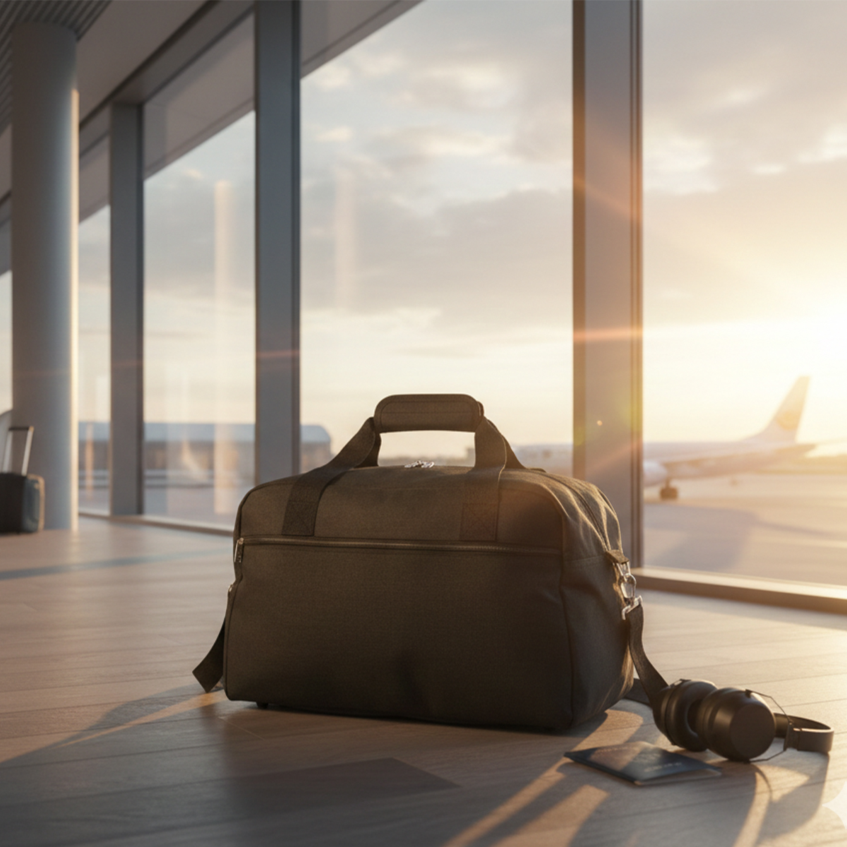 Una bolsa de lona negra y auriculares yacen en un suelo de madera en un aeropuerto.
