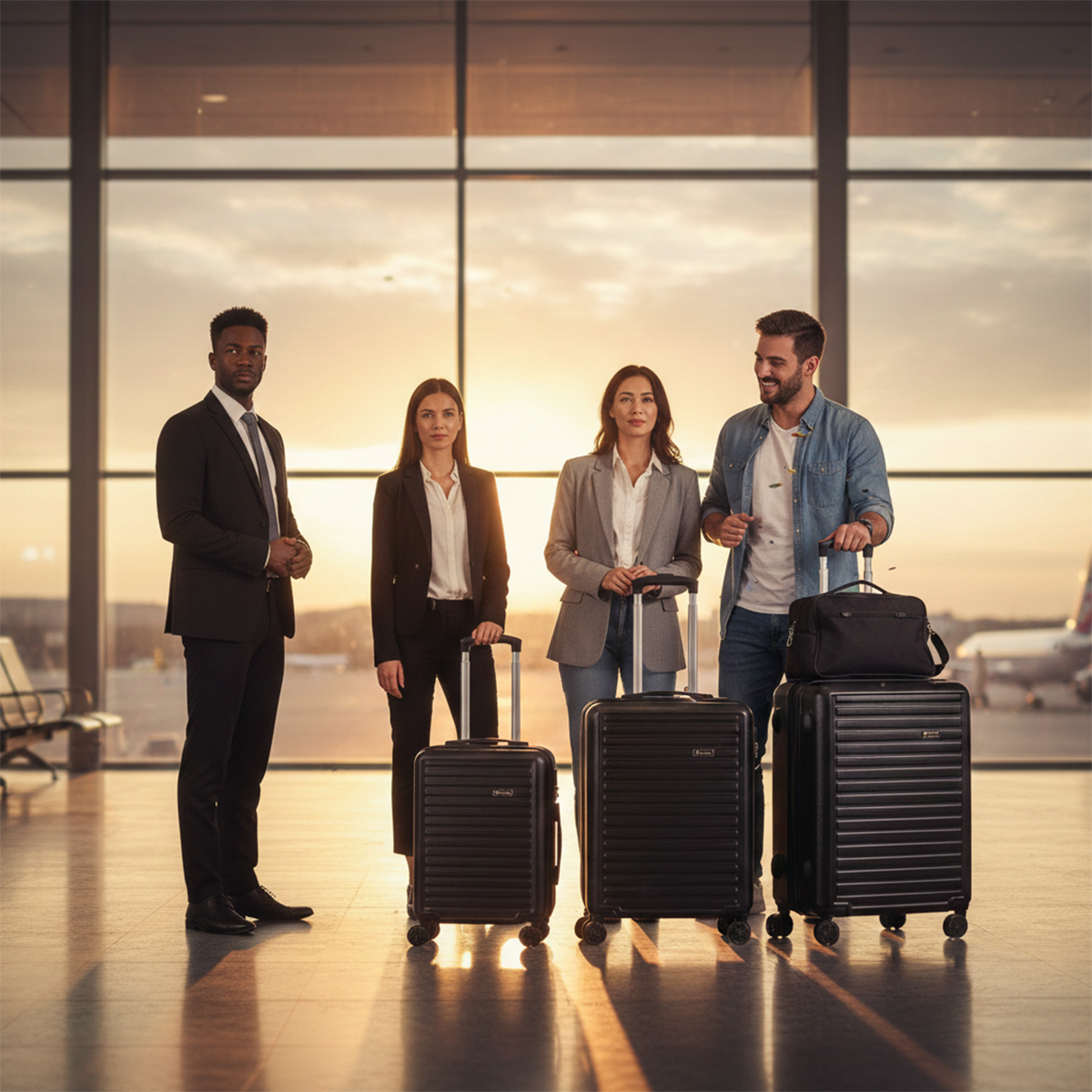 Cuatro viajeros con equipaje en un aeropuerto al atardecer.
