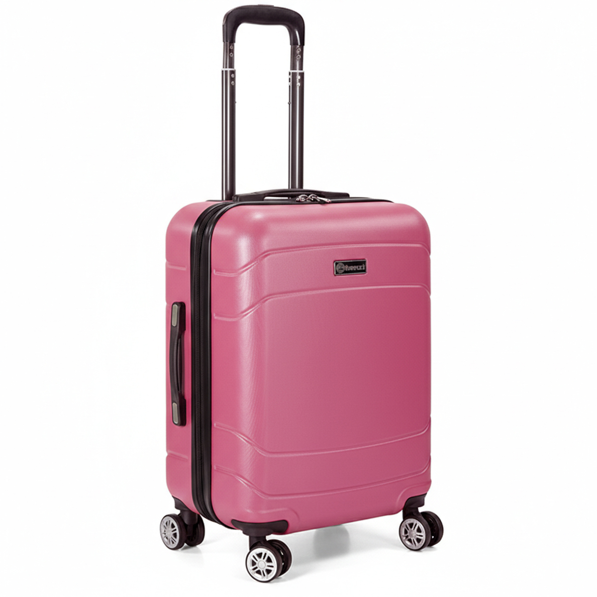 Una maleta rosa con ruedas y asa extensible.
