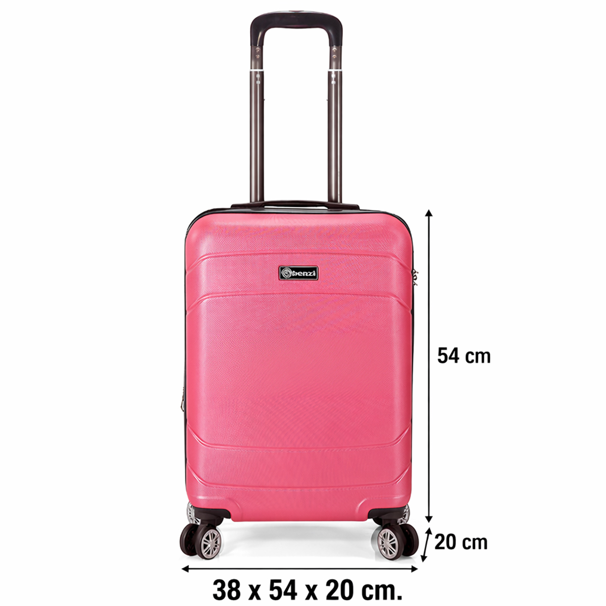 Una maleta rosa con asa extensible y ruedas.