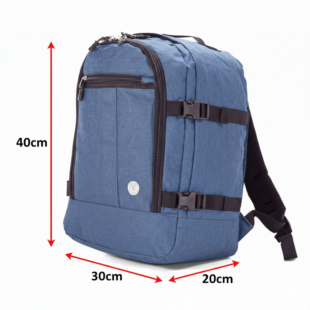 Una mochila azul de 40x30x20cm, sobre fondo blanco.
