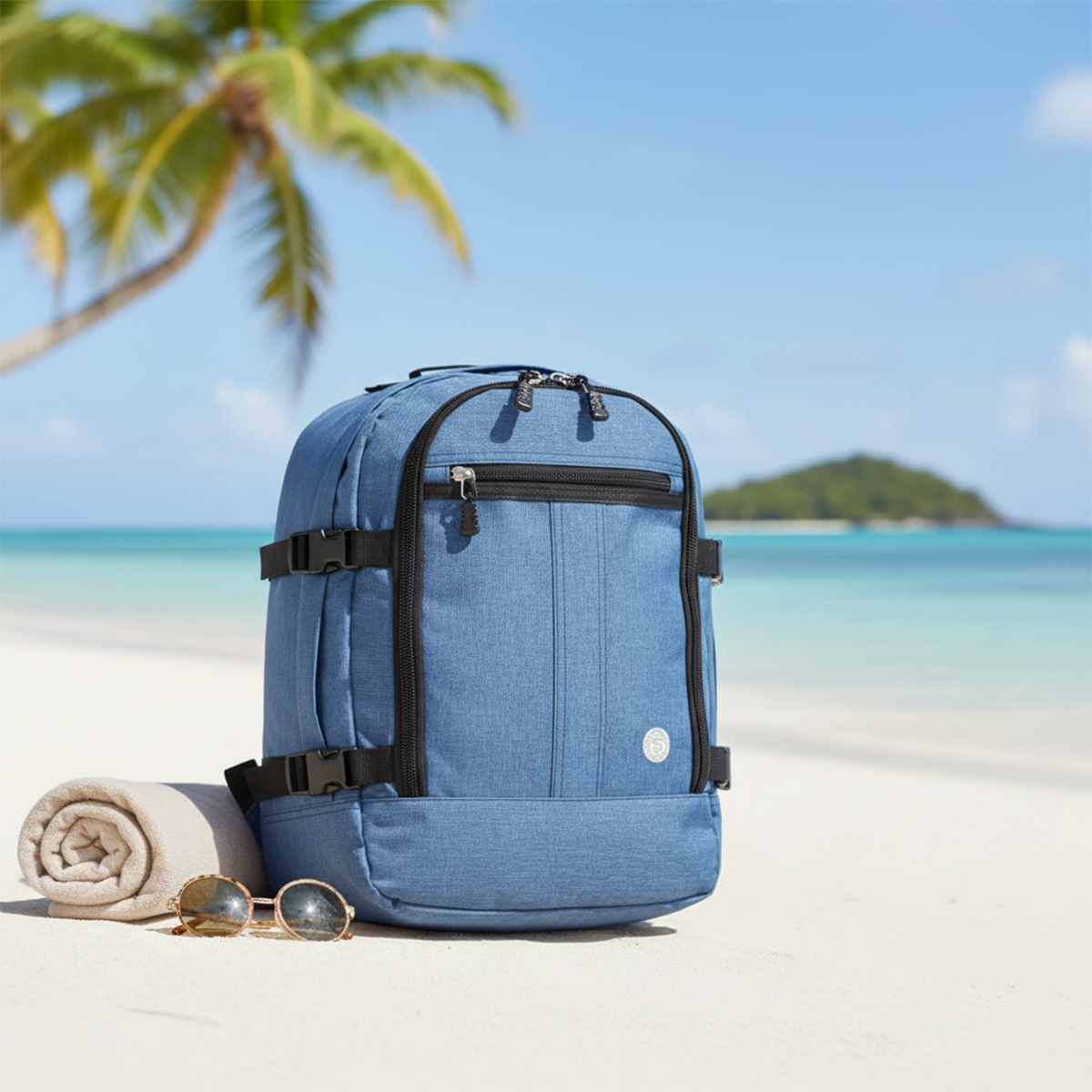 Mochila azul con toalla y gafas de sol en playa de arena.