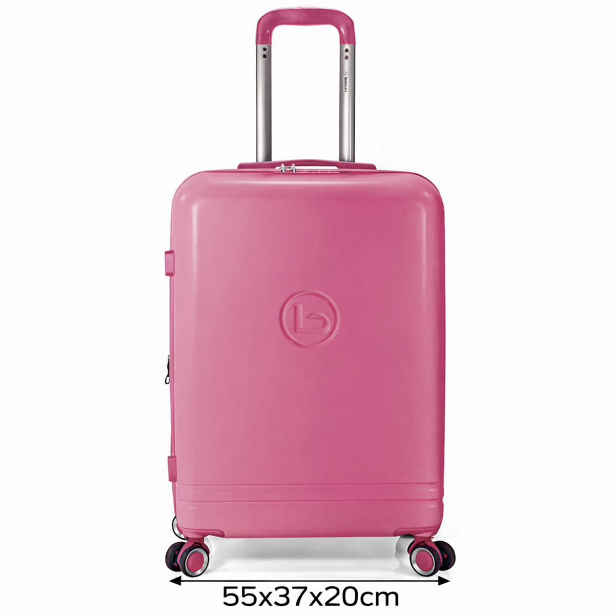Una maleta rosa con asa extensible y ruedas.