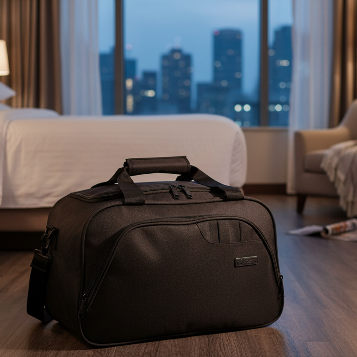 Bolsa de lona negra en primer plano, habitación de hotel con cama y vista.