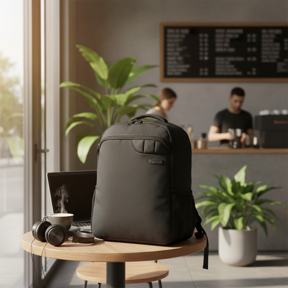 Mochila negra sobre mesa con portátil, auriculares y café.