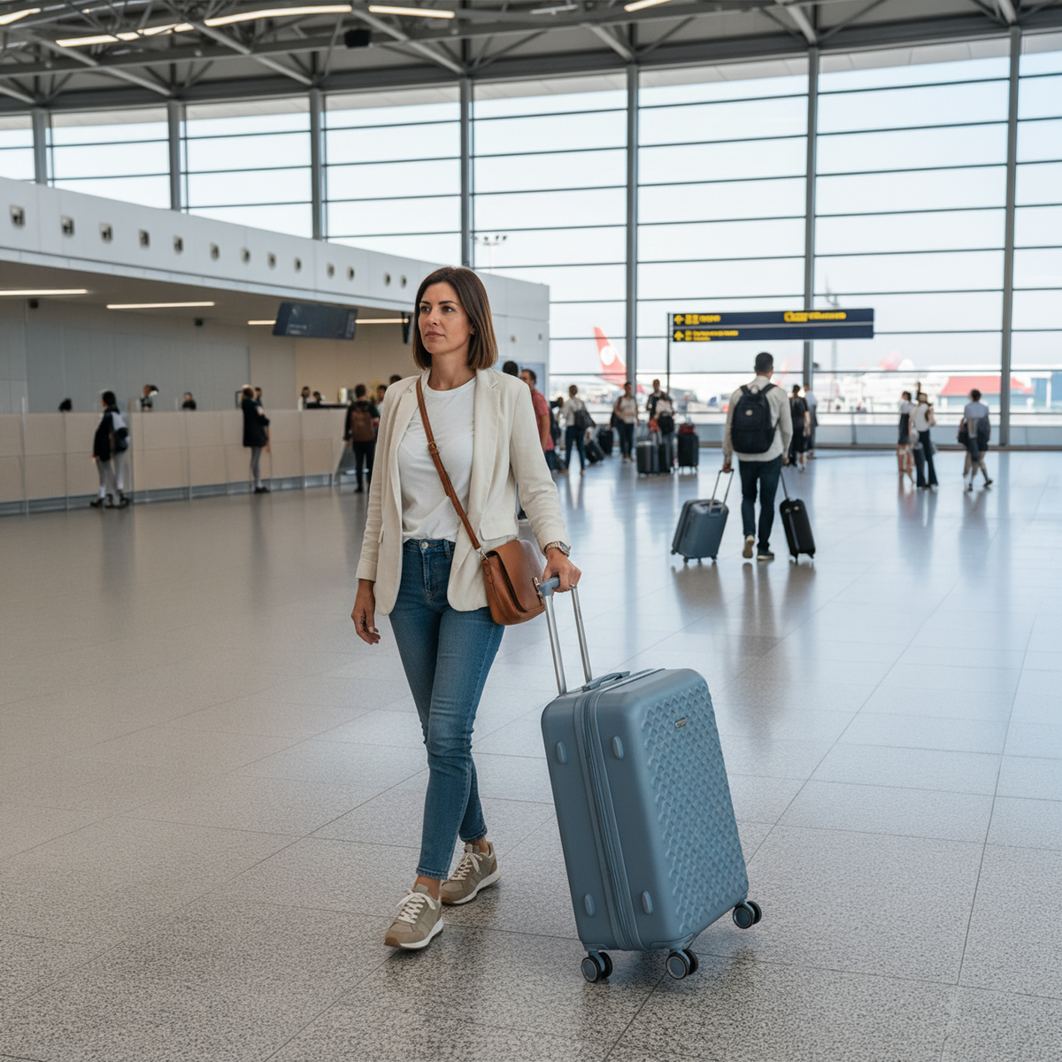 Una mujer con maleta azul camina por un aeropuerto.