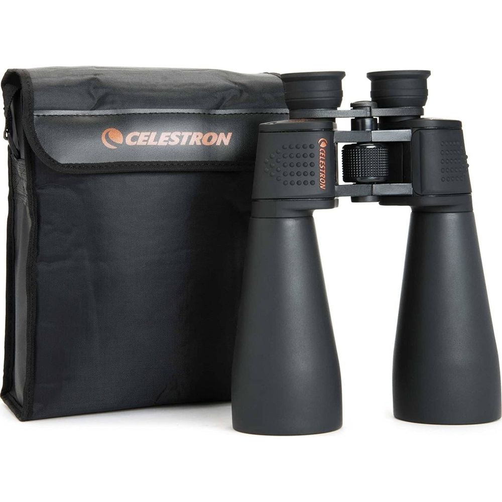 Binocolo Celestron nero con custodia su sfondo bianco.