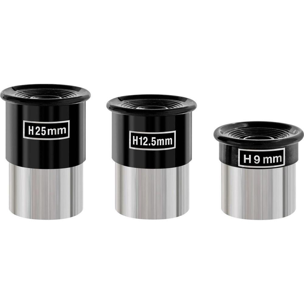 Tres oculares de telescopio, H25mm, H12.5mm, H9mm, plateados y negros.