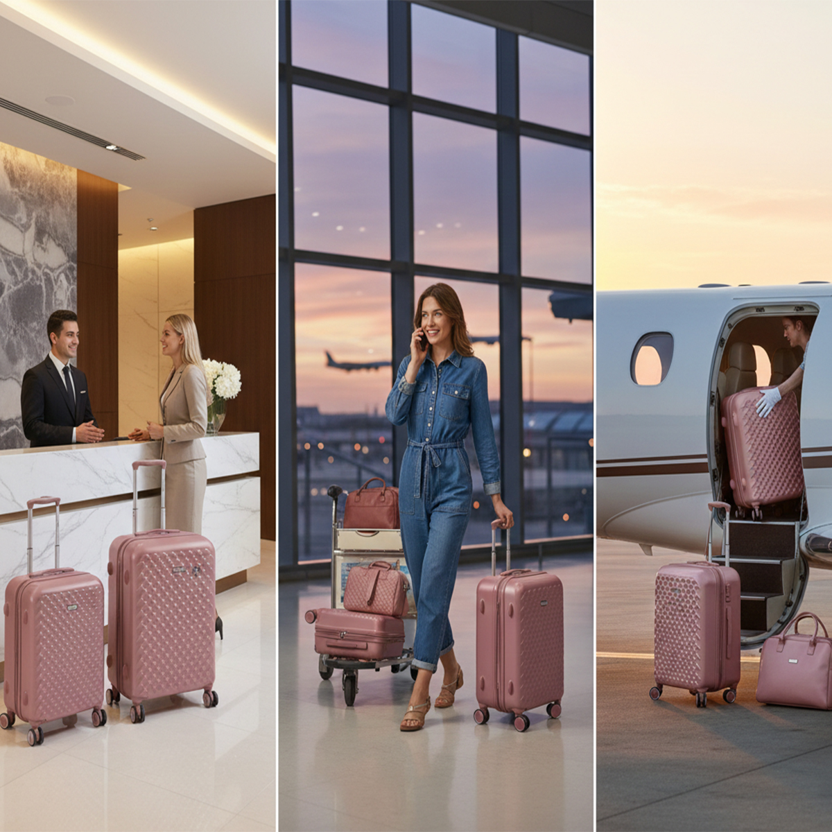 Escena 1: Recepción de hotel con hombre y mujer. Escena 2: Mujer con equipaje en aeropuerto. Escena 3: Maleta cargada en avión.