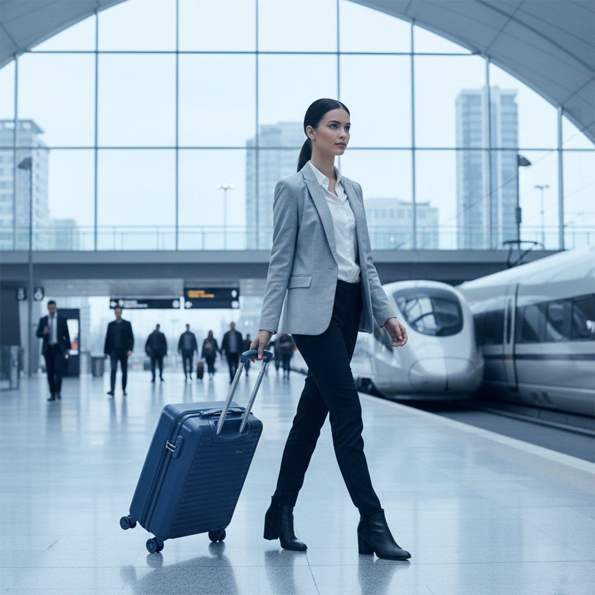 Una mujer con un blazer gris camina con una maleta azul en una estación.