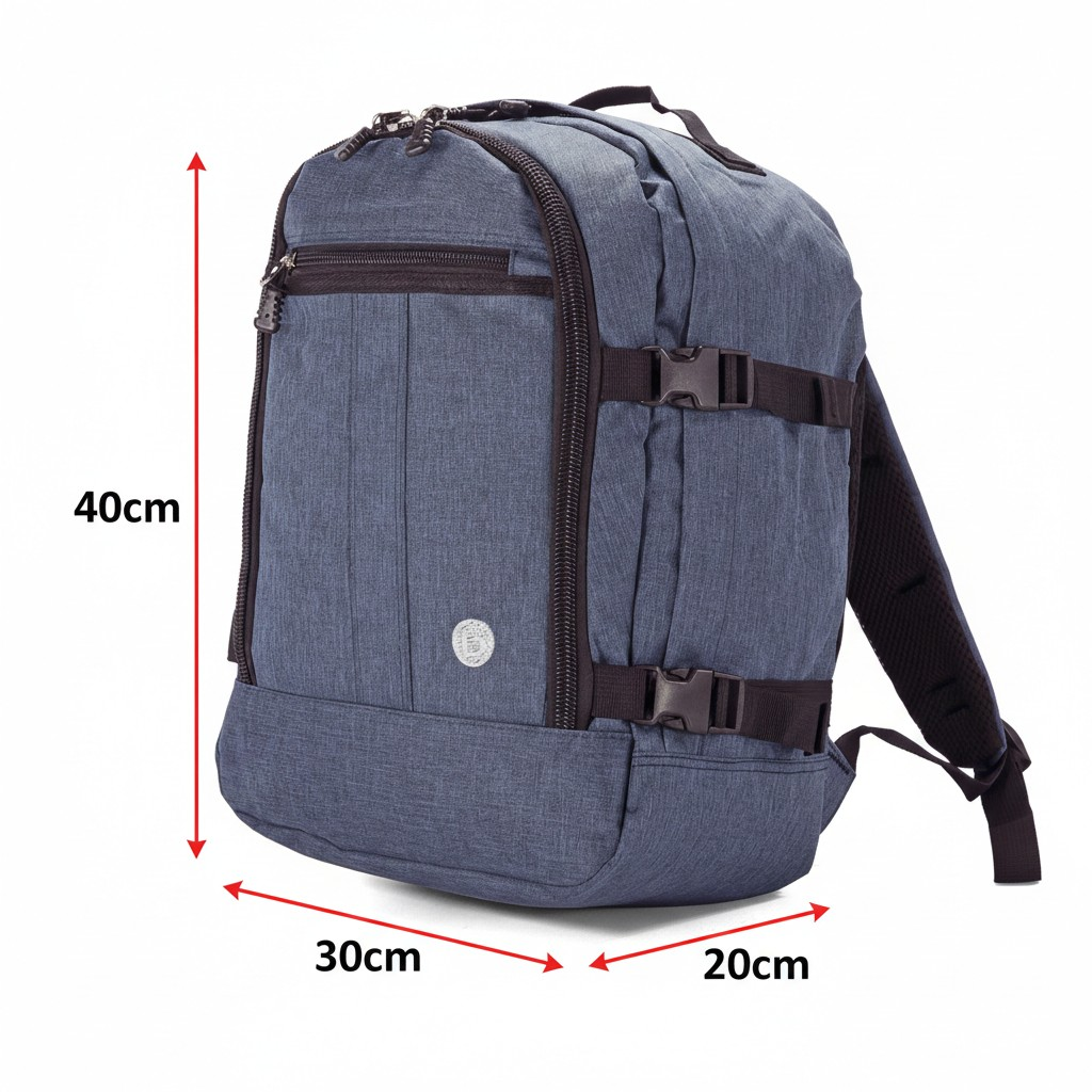 Mochila azul con correas y hebillas negras. Dimensiones: 40x30x20cm.