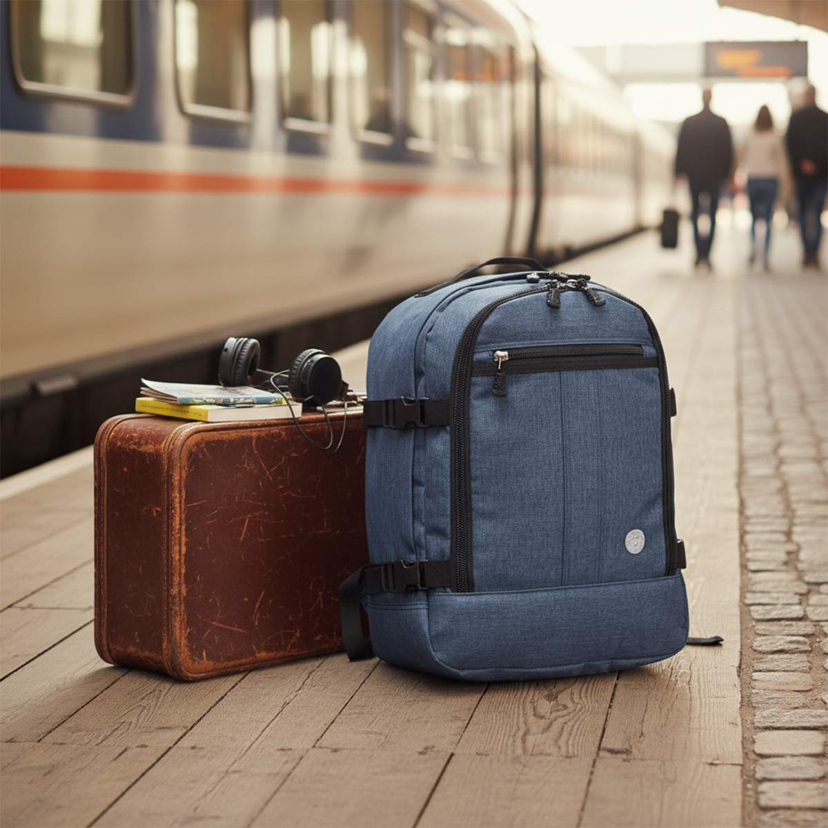 Una mochila azul y una maleta marrón en un andén con un tren.