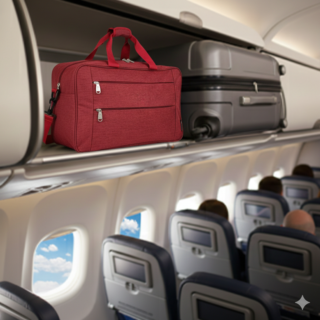 Bolsa de lona roja y maleta gris en compartimento superior de avión.
