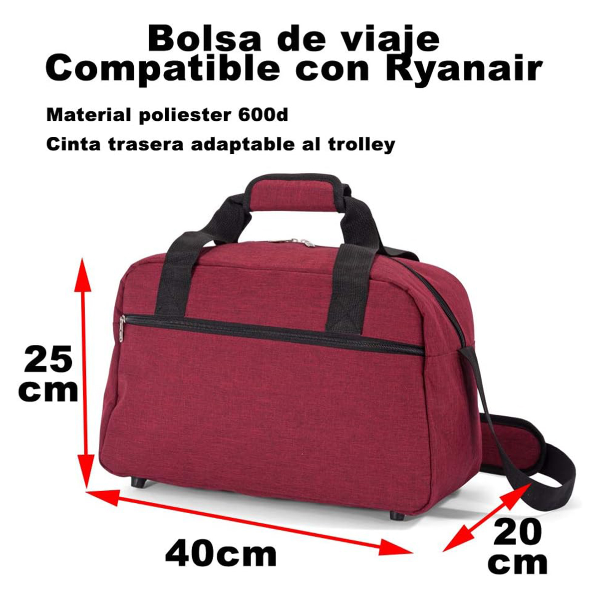 Bolso de viaje rojo, 40x25x20 cm, de poliéster, con asas y correa.