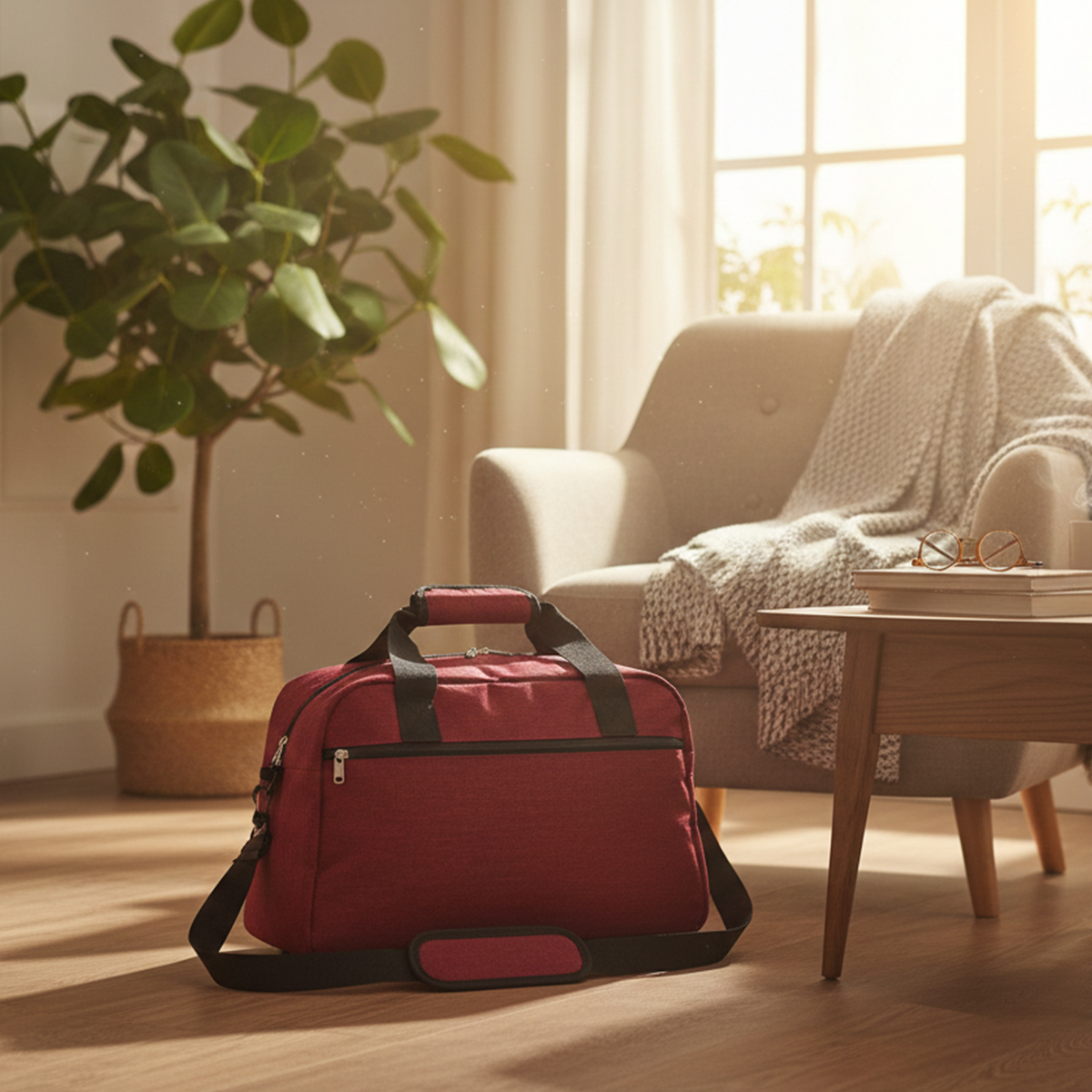 Una bolsa de lona roja en un suelo de madera cerca de una silla y una planta.