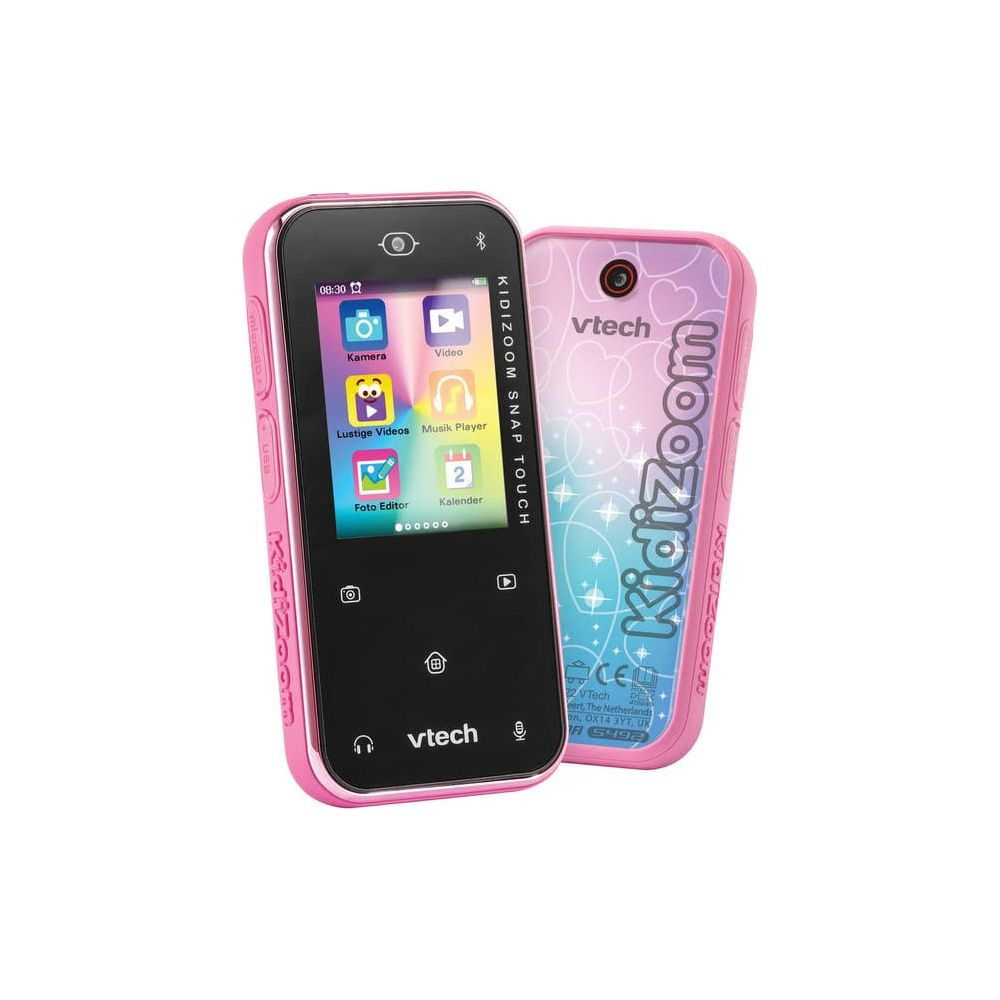 Ein rosa VTech Kidizoom Snap Touch Kinderhandy mit Apps wie Kamera und Kalender.