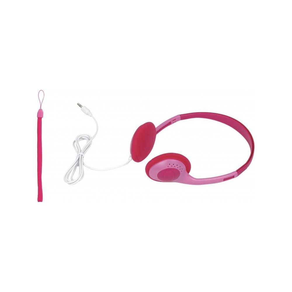 Pinke Kopfhörer mit weißem Kabel und einer Schlaufe auf weißem Hintergrund.