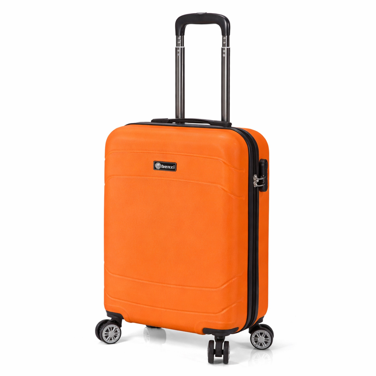 Una maleta naranja con asa extensible y ruedas. De pie.