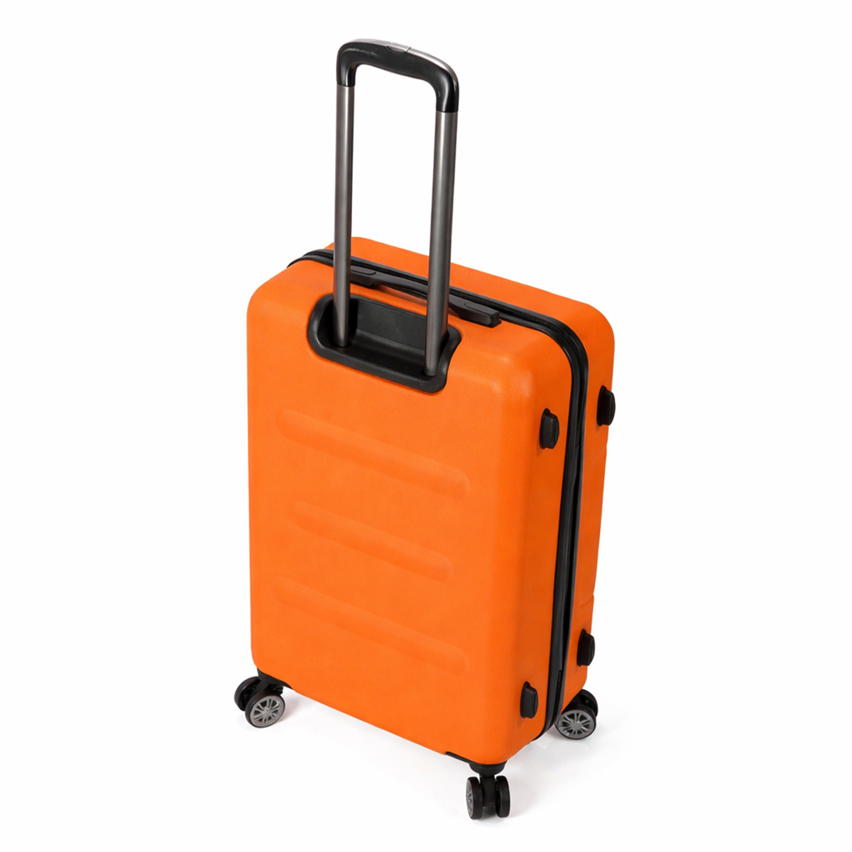 Maleta de ruedas naranja con asa extensible y ruedas sobre fondo blanco.
