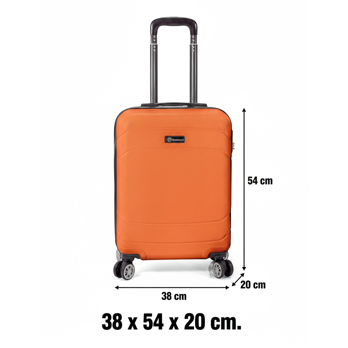 Maleta naranja con asa retráctil, dimensiones 38x54x20 cm.