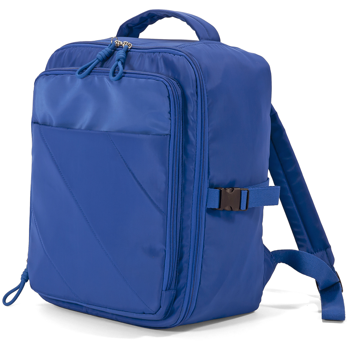 Una mochila azul con cremalleras y asa de transporte.