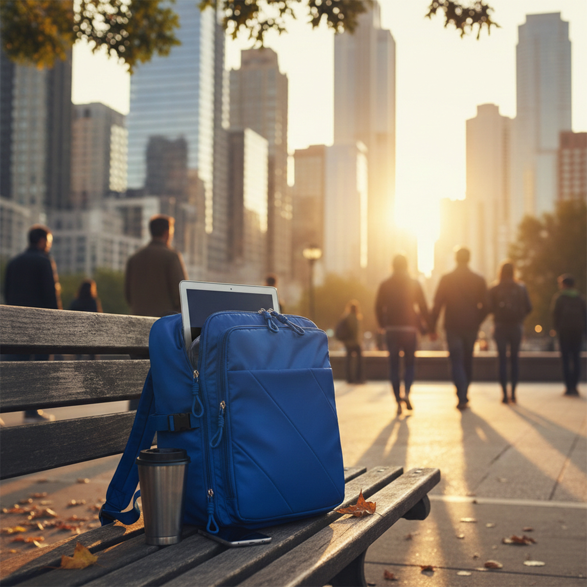 Mochila azul con portátil en banco de parque, horizonte urbano al atardecer.