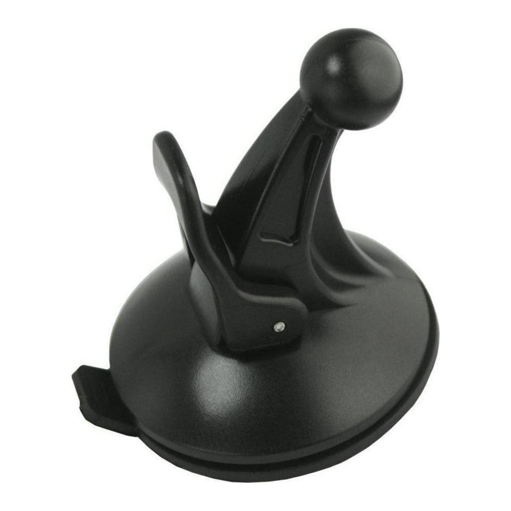 Un support de téléphone à ventouse noire avec rotule et pince réglable.