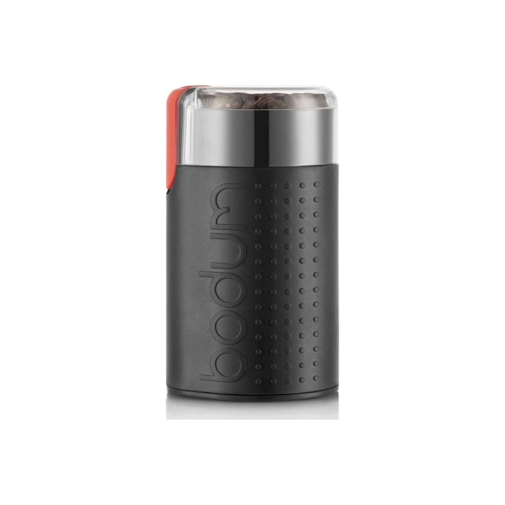 Schwarzer elektrischer Kaffeemühle mit Bodum-Logo und klarem Deckel mit Bohnen.