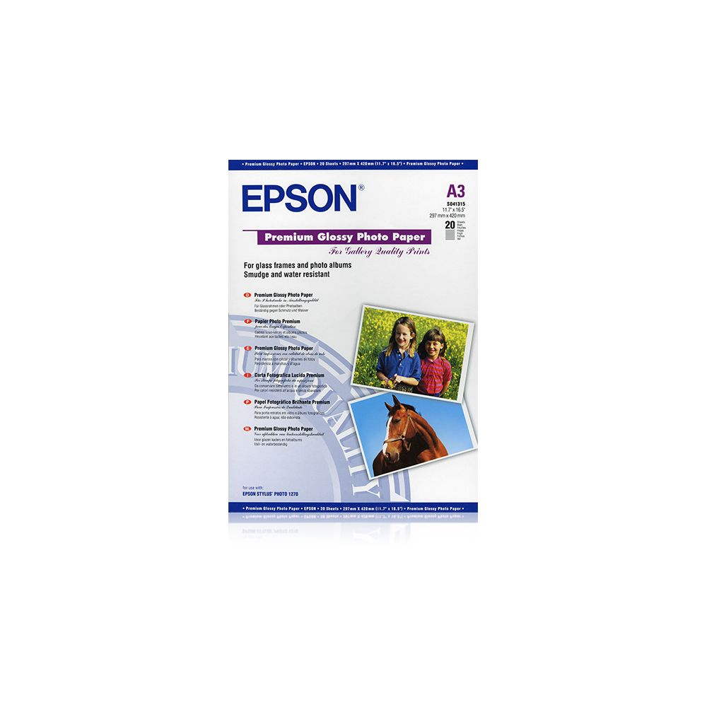Opakowanie papieru fotograficznego Epson A3 Premium Glossy ze zdjęciami dzieci i konia.