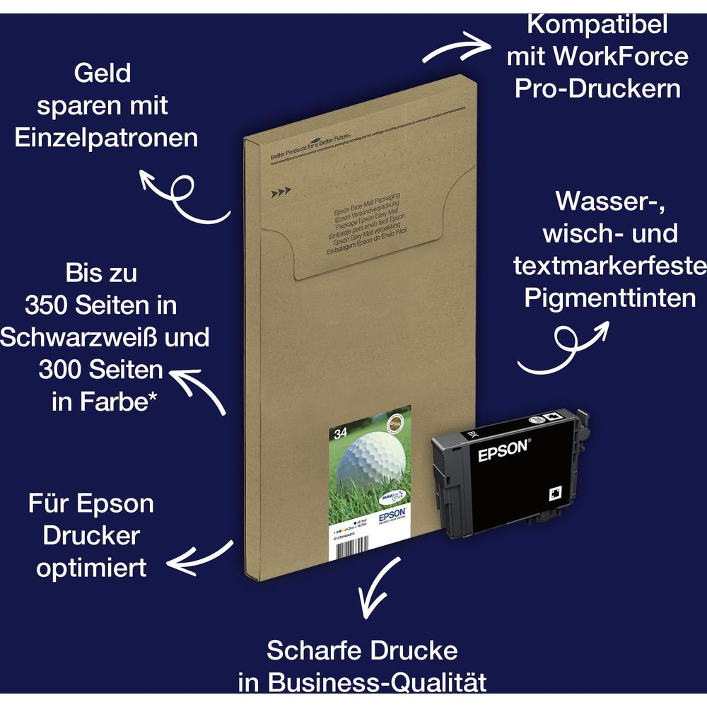 Tusz Epson: Oszczędny, wodoodporny, do WorkForce Pro. Do 350 str. czarno-białych, 300 kolorowych.