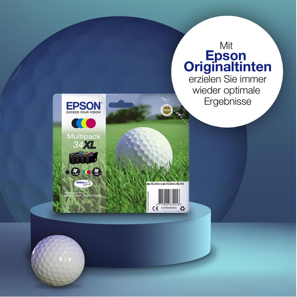 Tusze Epson Multipack 34XL z piłeczką golfową i trawą na niebieskim tle.