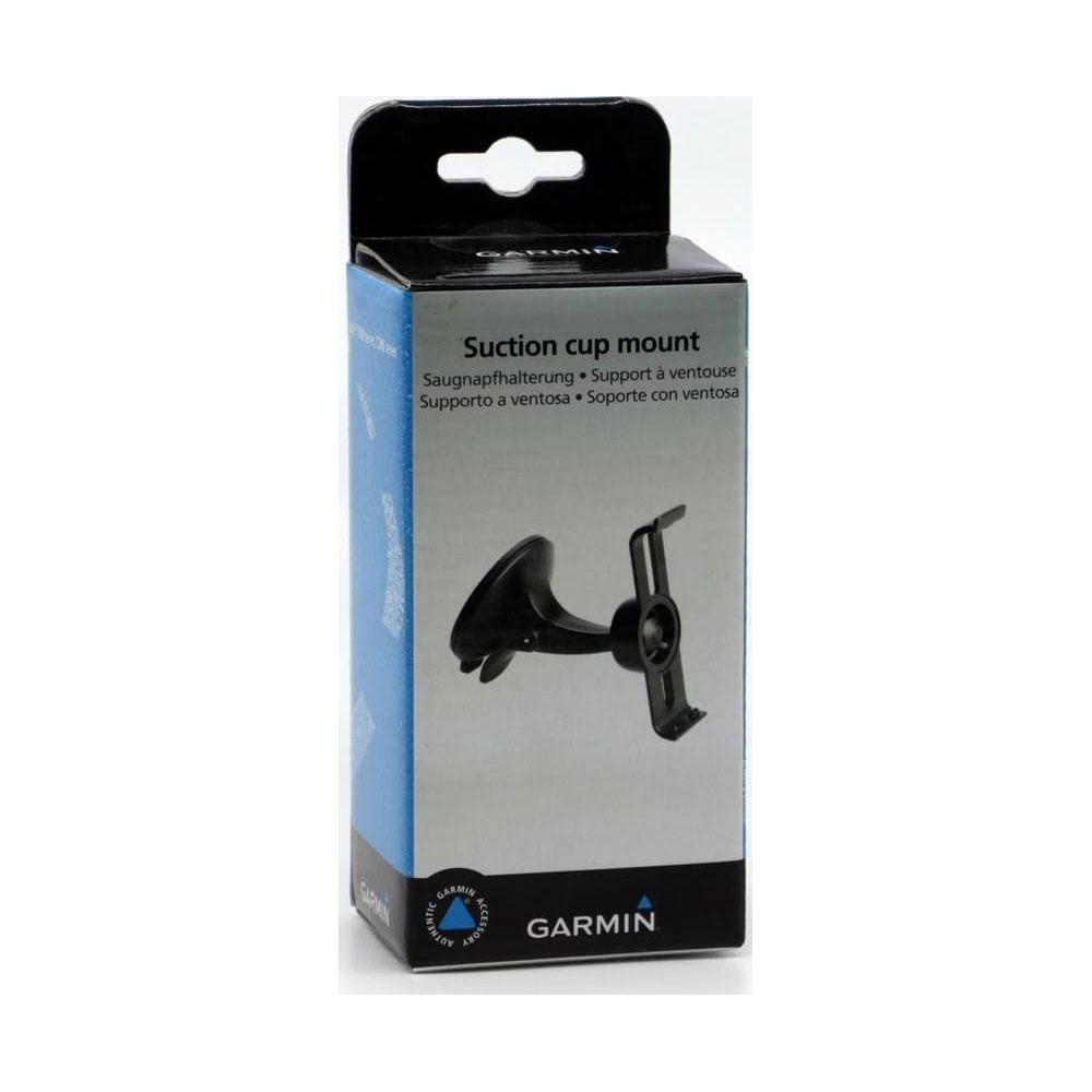 Opakowanie uchwytu na przyssawkę Garmin. Czarno-niebieski design.
