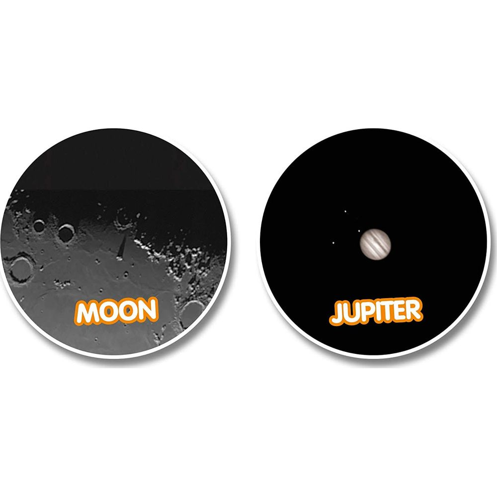 Una vista de la Luna y Júpiter en el espacio.