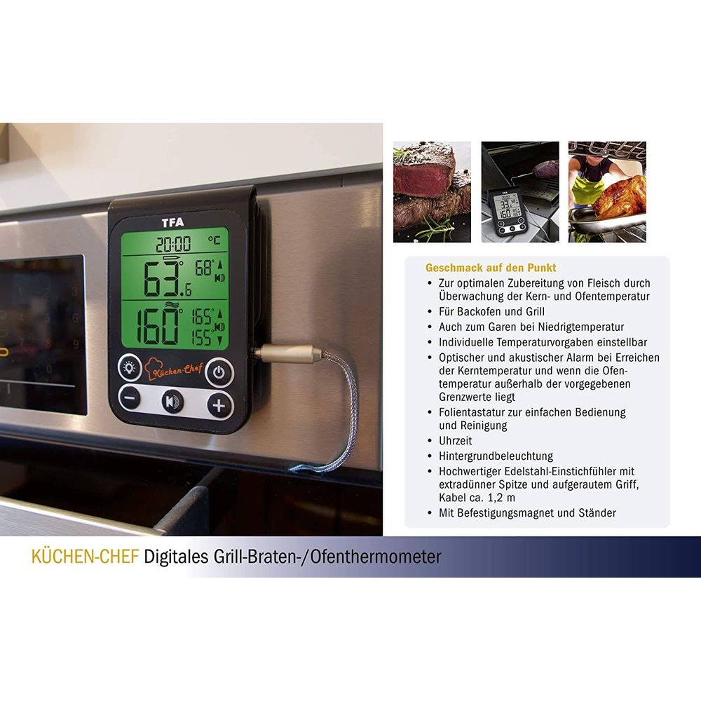 Digitales TFA Küchenthemometer mit zwei Temperaturanzeigen und Produktbildern.