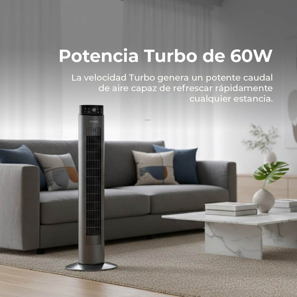 Un elegante ventilador de torre se alza en un salón junto a un sofá y mesa de centro.