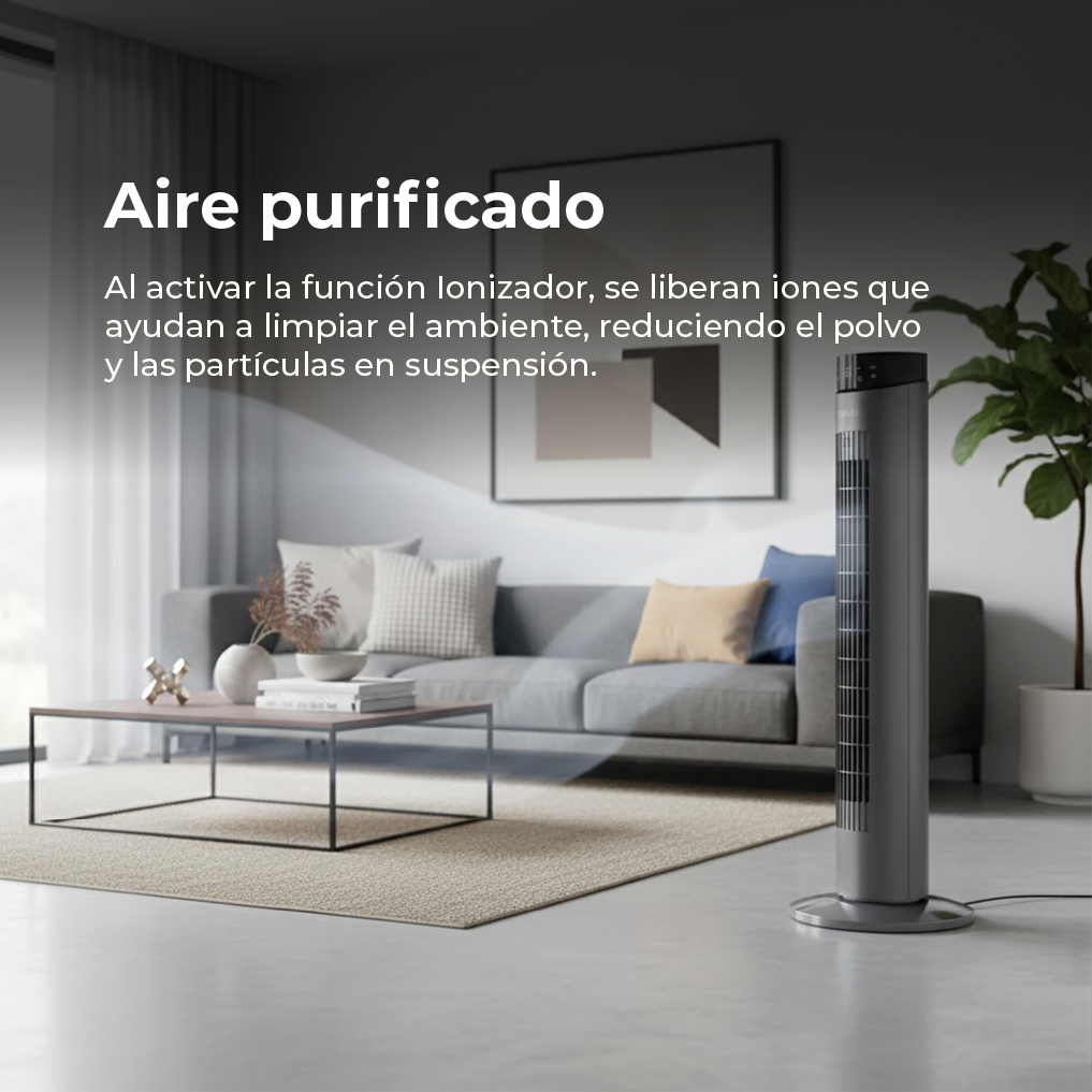 Un ventilador de torre moderno se encuentra en una sala de estar junto a un sofá y mesa de centro.