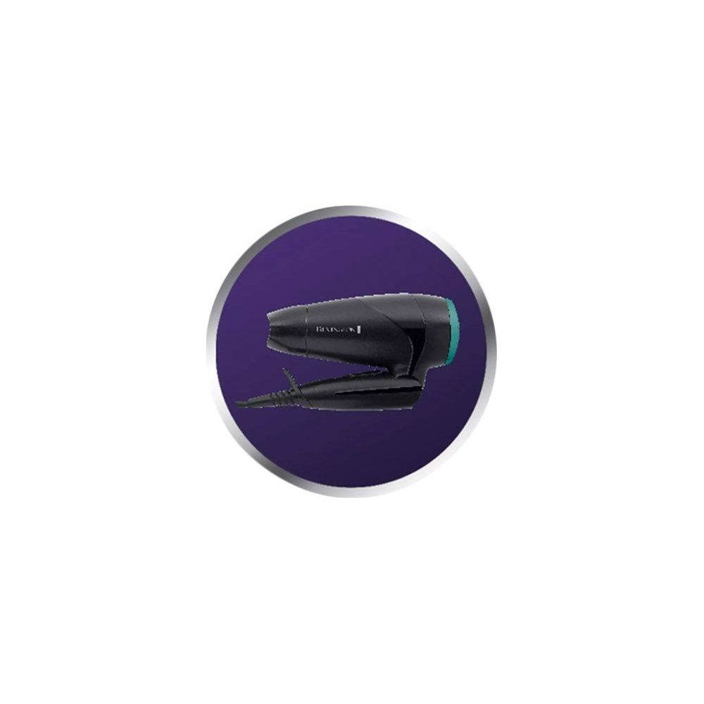 Czarna suszarka Remington z turkusowymi akcentami na fioletowym tle.