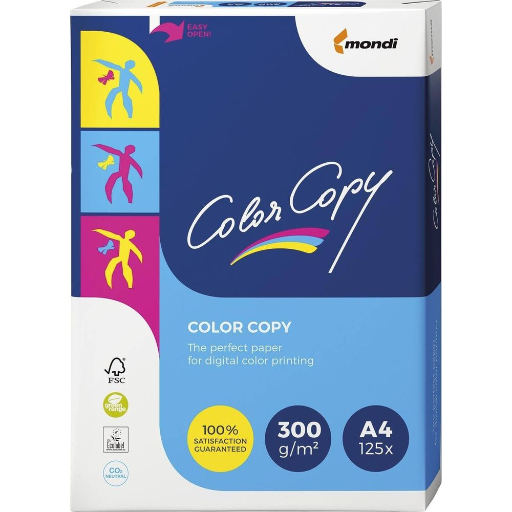 Mondi Color Copy Papierkarton mit FSC-Siegel und CO2-neutraler Kennzeichnung.