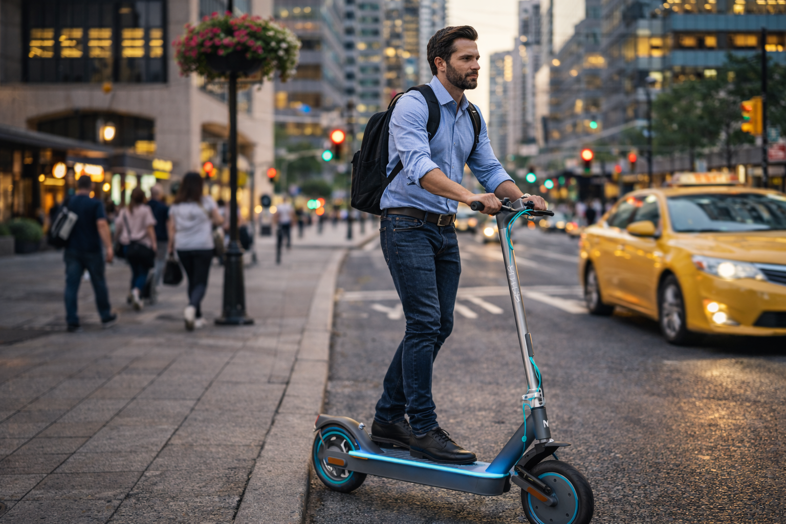 Un uomo guida un monopattino elettrico sul marciapiede, con un taxi giallo che guida per strada.