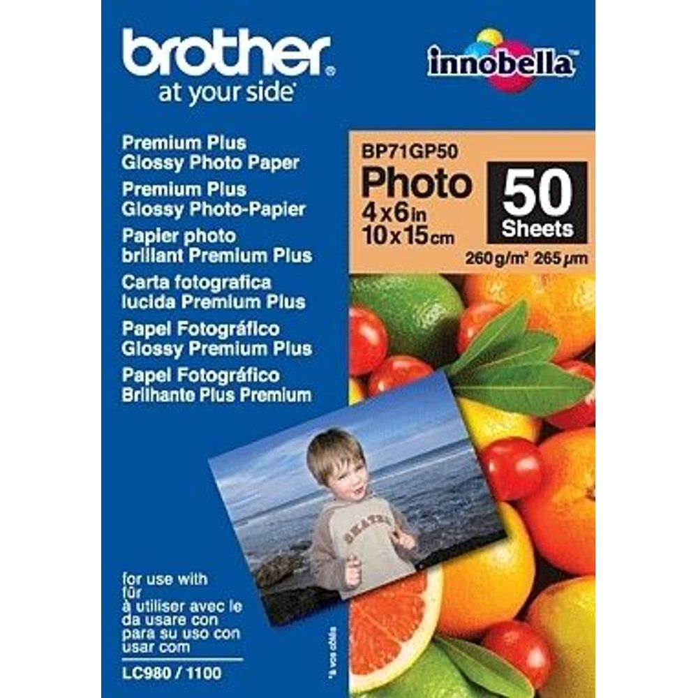 Verpackung für Brother Photo 50 Blatt, mit Früchten und einem Jungen auf einem Foto.
