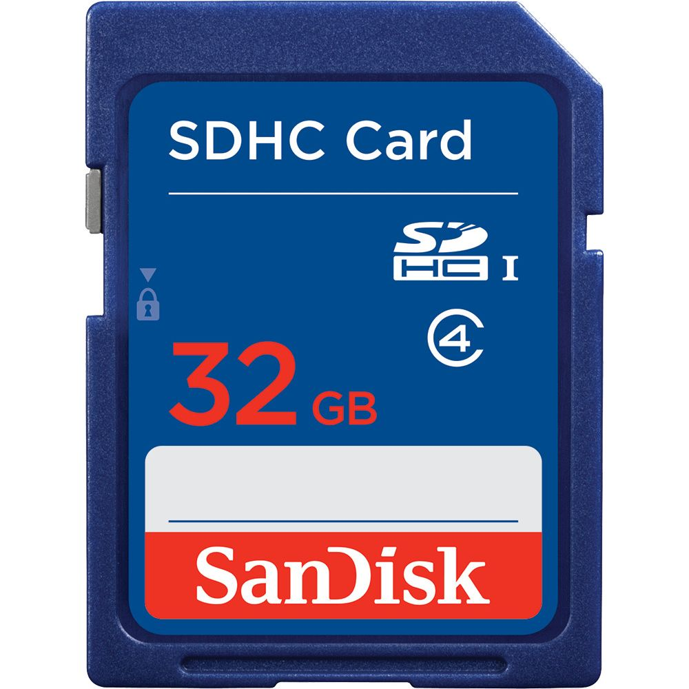 Eine blaue SDHC-Karte mit 32 GB Speicherplatz und dem SanDisk-Logo.