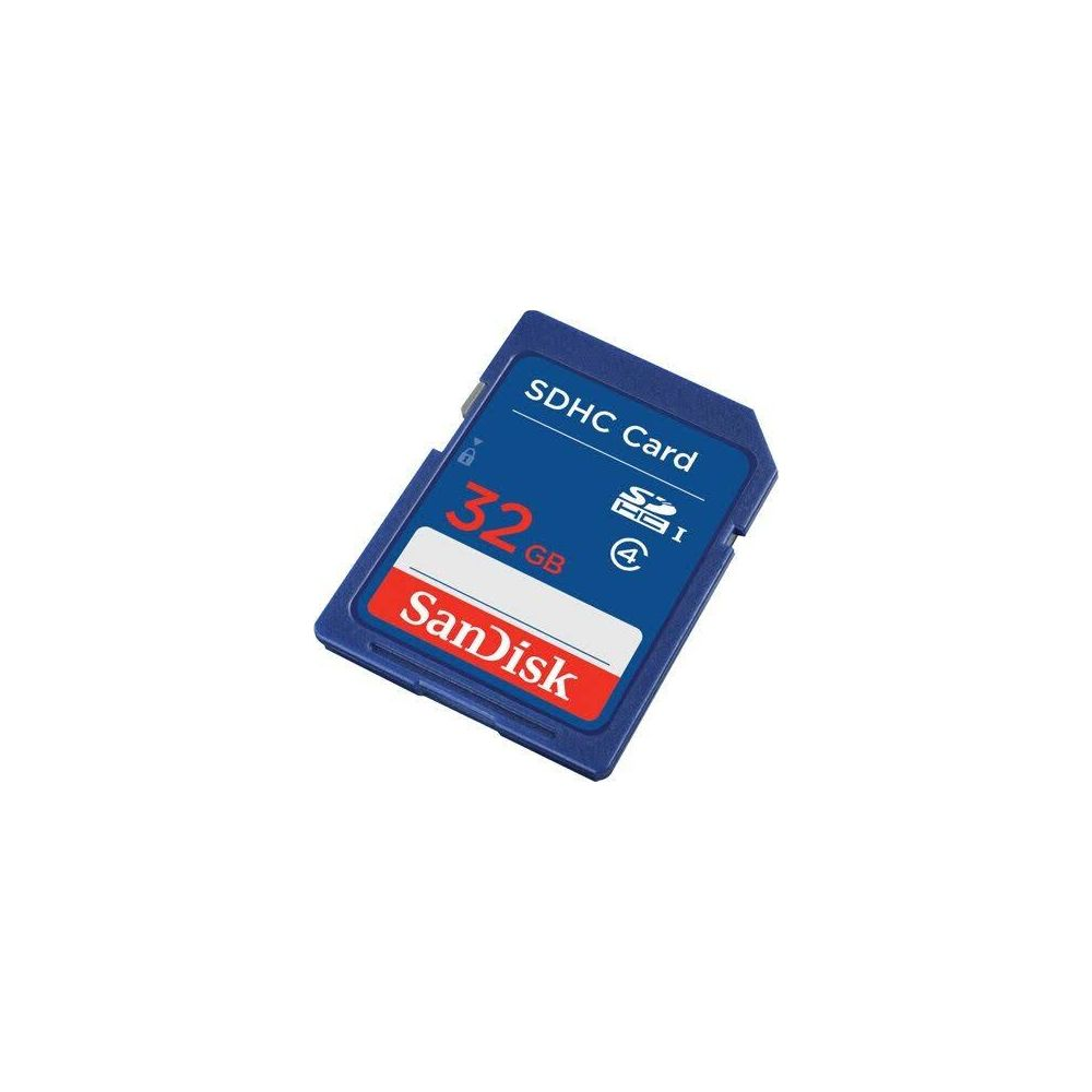 Eine blaue SanDisk 32 GB SDHC-Speicherkarte mit weißer Schrift.