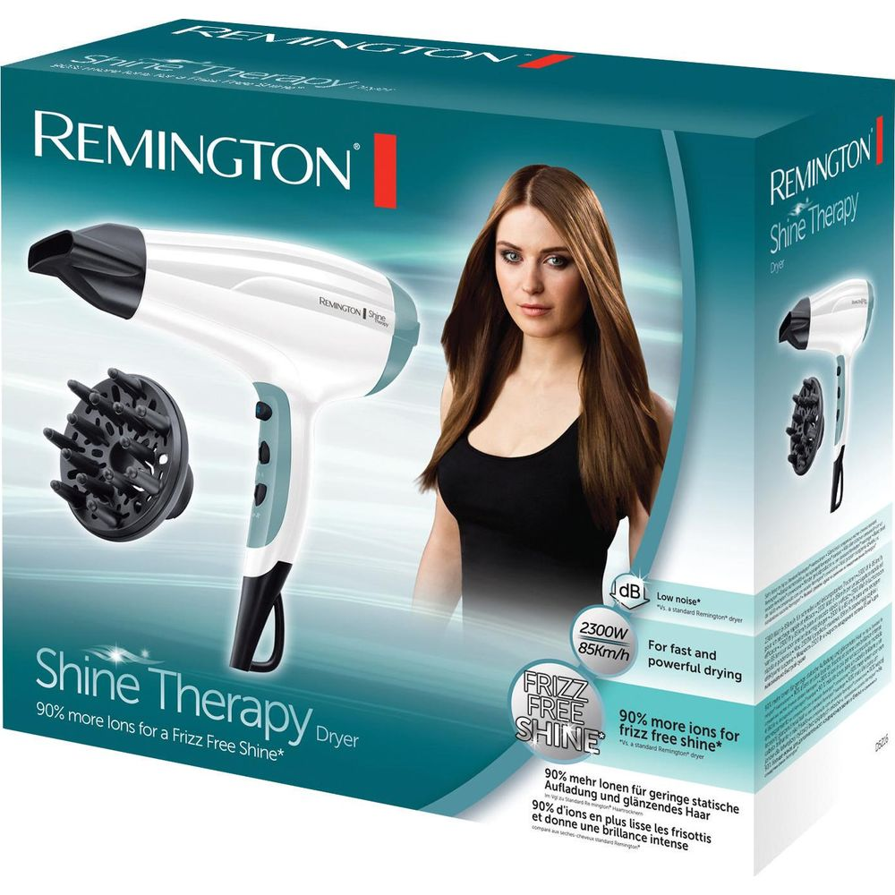 Asciugacapelli Remington Shine Therapy con diffusore e donna dai lunghi capelli.