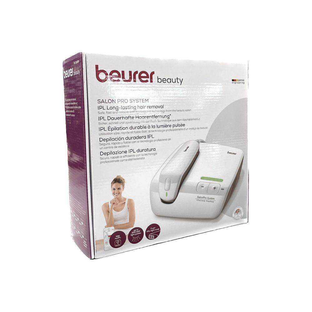 Beurer IPL Haarentfernungsgerät mit App und Zubehör auf Produktverpackung.