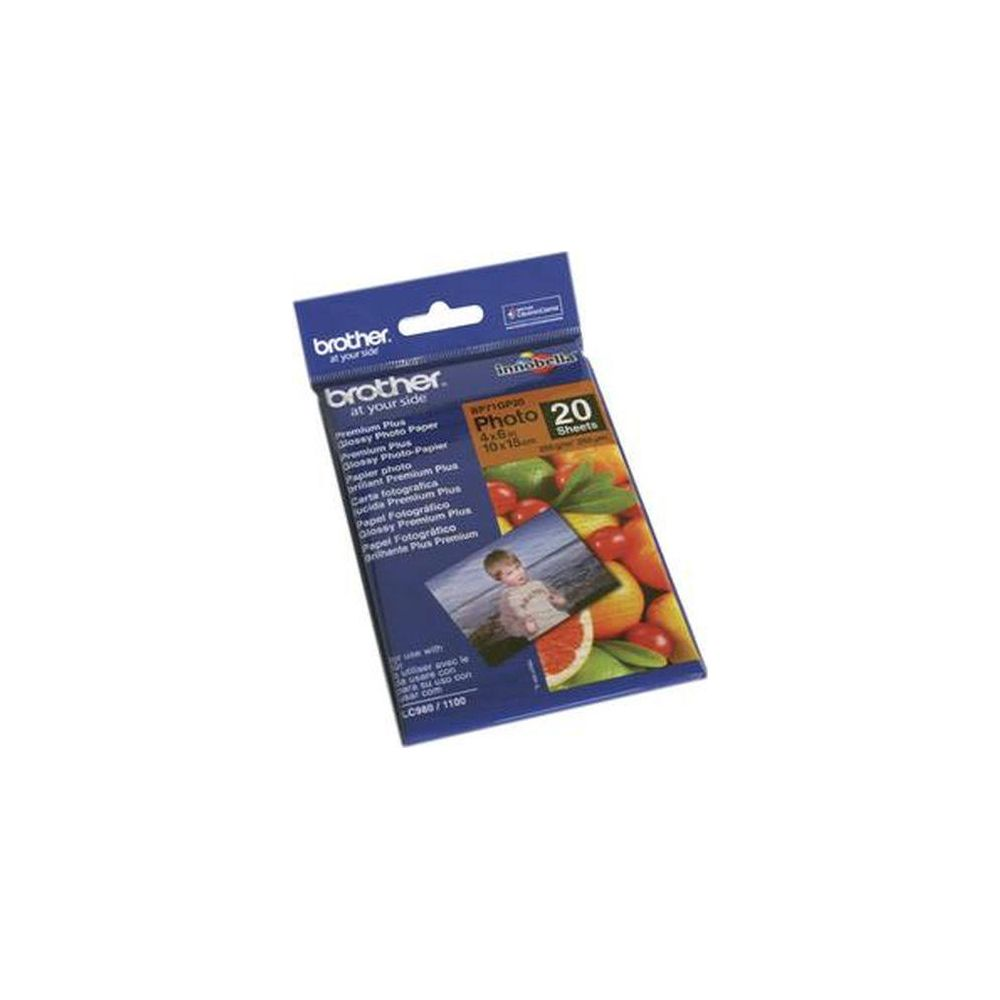 Brother Fotopapier-Verpackung mit 'Foto 20 Blatt' und Fruchtbildern.